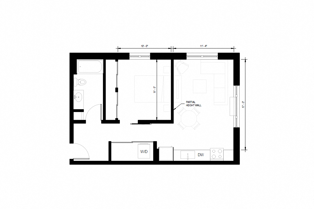 Floor plan for 1 bed, 1 bath, 654 sqft
